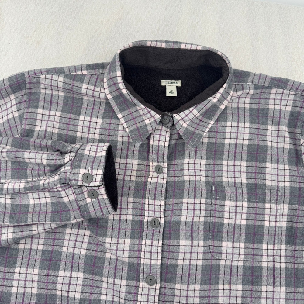 LL Bean Fleece Lined Flannel Shirt Jacket Women Plus 2X Gray/Purple Plaid 285015